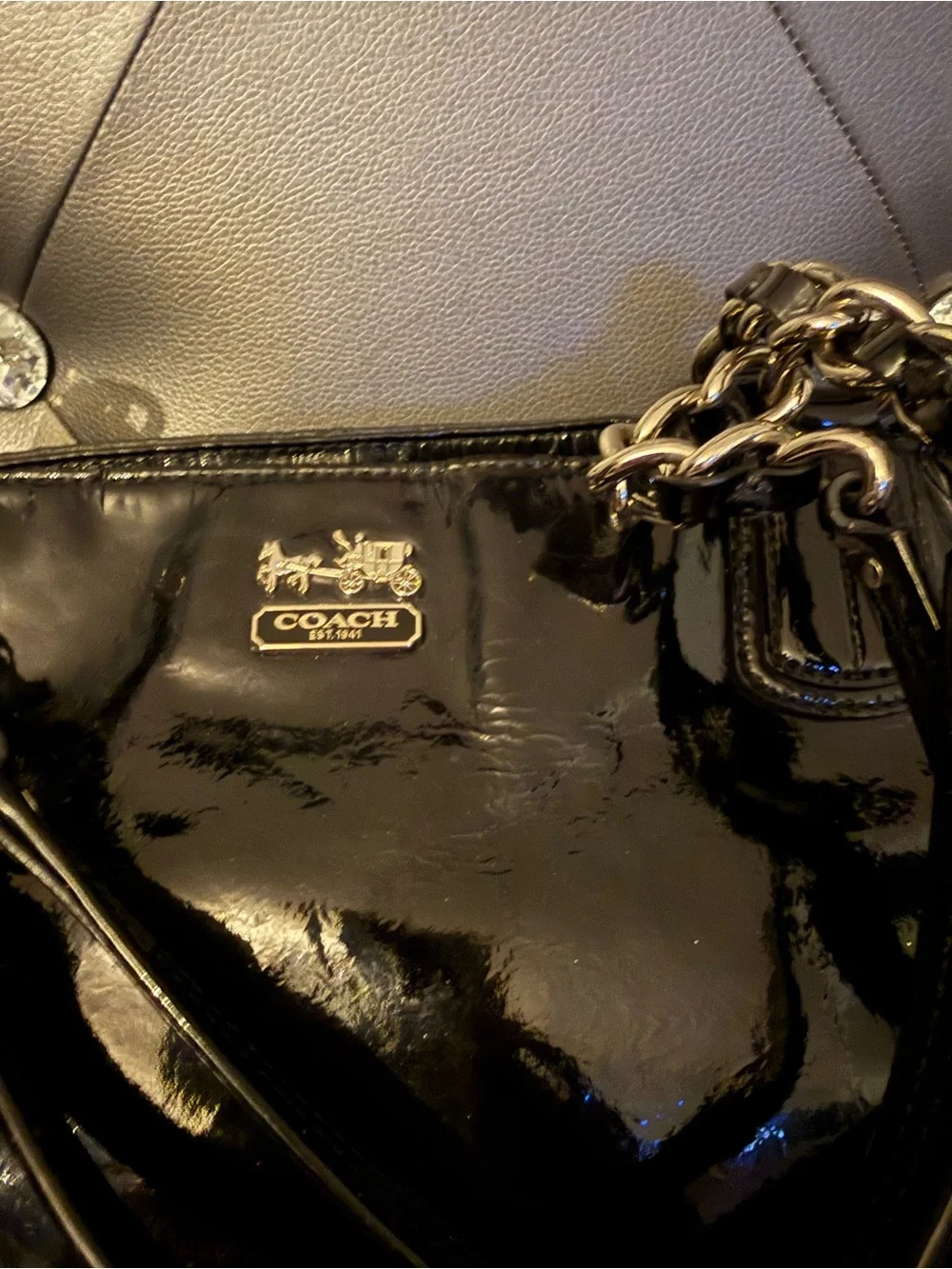 coach chelsea tote black patent leather